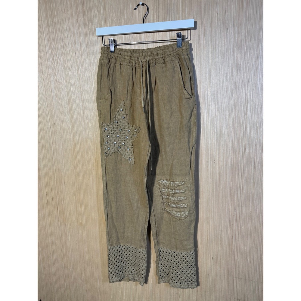 Puro Lino Italy Womens Tan Linen Star Patch Crochet Hem Pants Elastic Waist TU